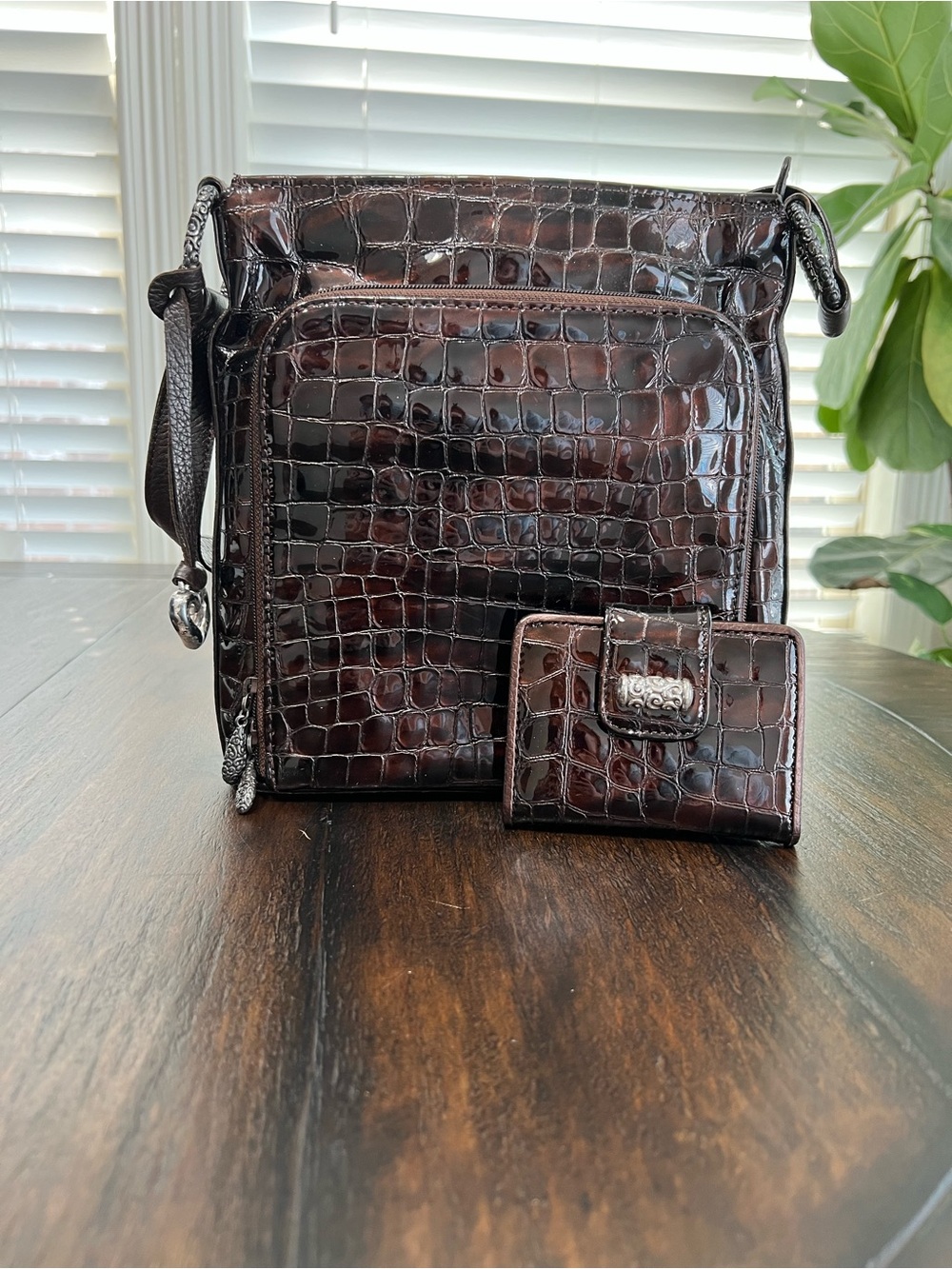 Brighton Brown Patent Leather Crocodile Embossed Shoulder Handbag & Small Wallet